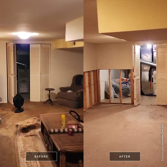 Illustrative before-and-after view of moisture-affected materials and a remediated space